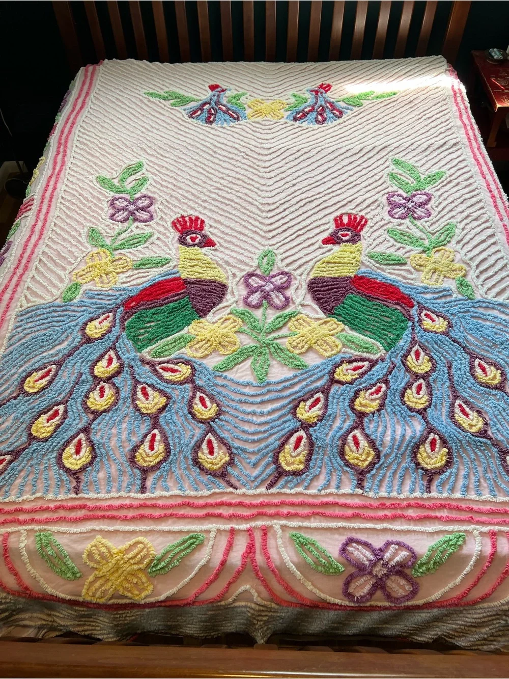 Double Peacock Vintage Queen Chenille Bedspread